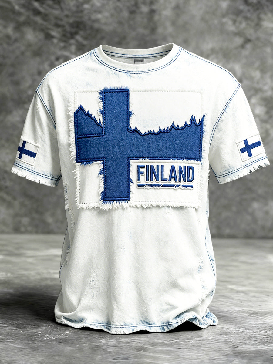 Miesten valkoinen Casual T-paita Patchwork Finnish Flag Print