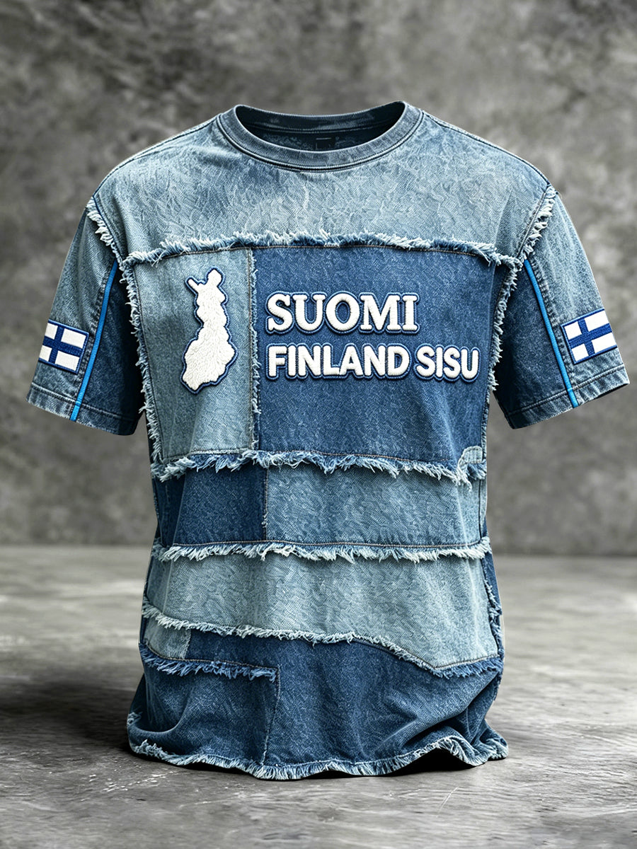 Miesten suomalainen Denim Patchwork Print Casual T-paito