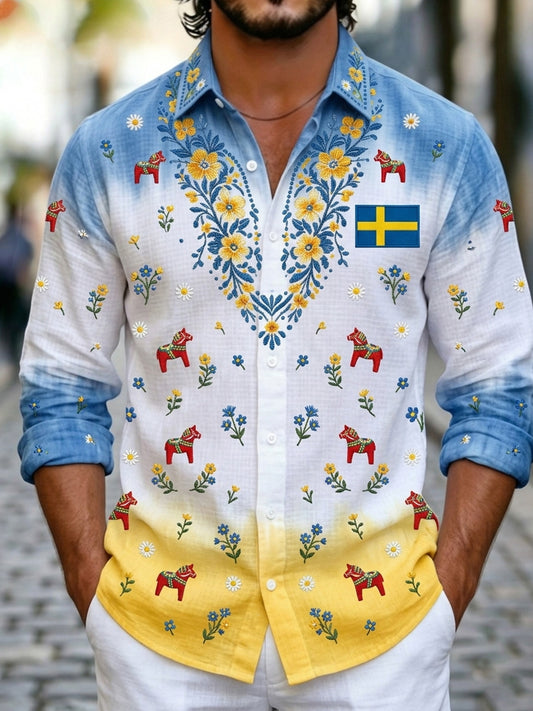Herregenser med lange ermer og kunsttrykk som hyller den svenske midtsommerfesten