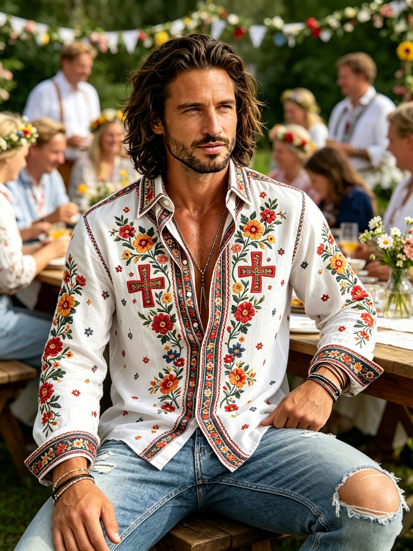 Herrtröja med långa ärmar och konstprint som hyllar den svenska midsommarfesten
