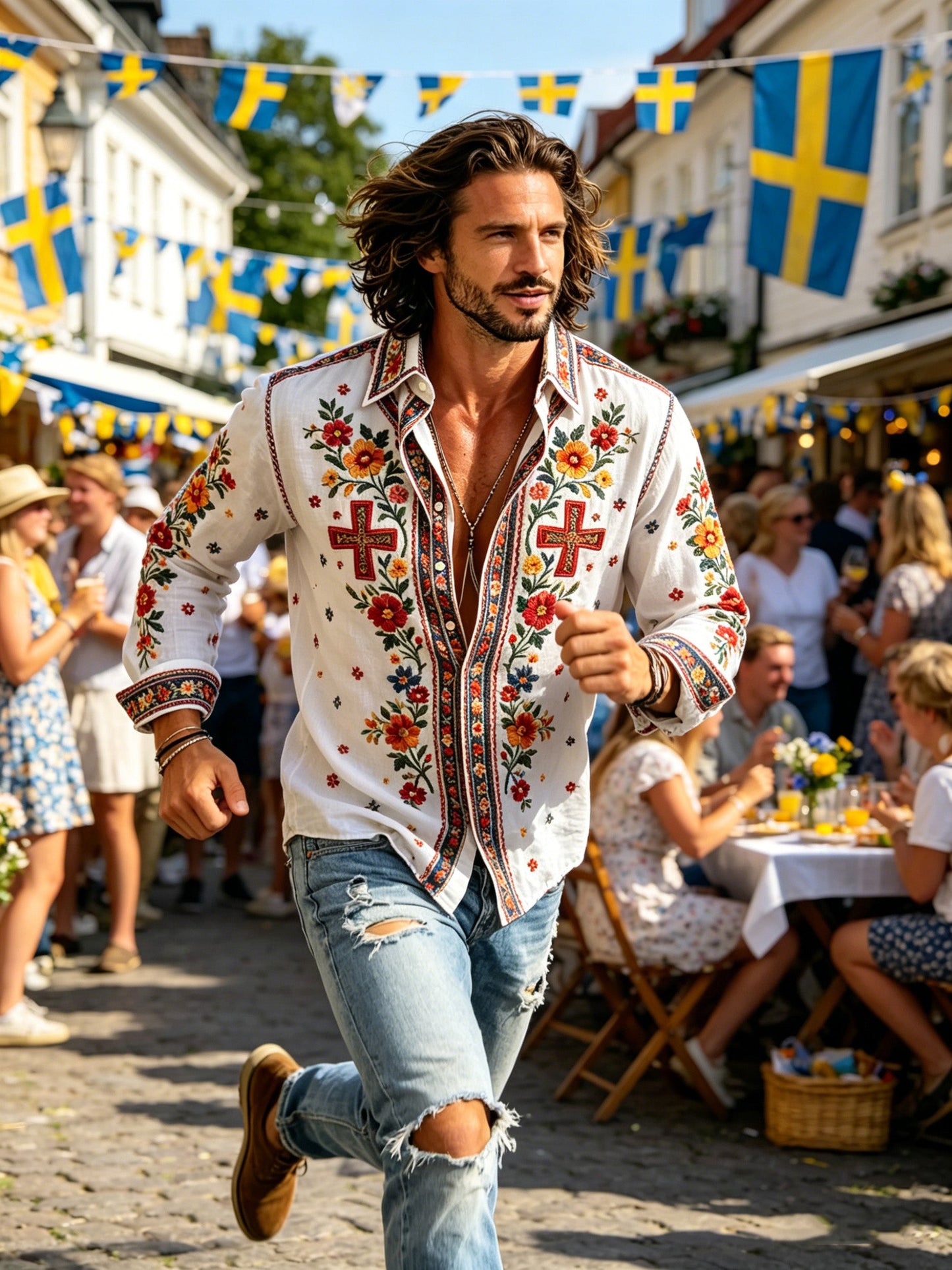 Herrtröja med långa ärmar och konstprint som hyllar den svenska midsommarfesten