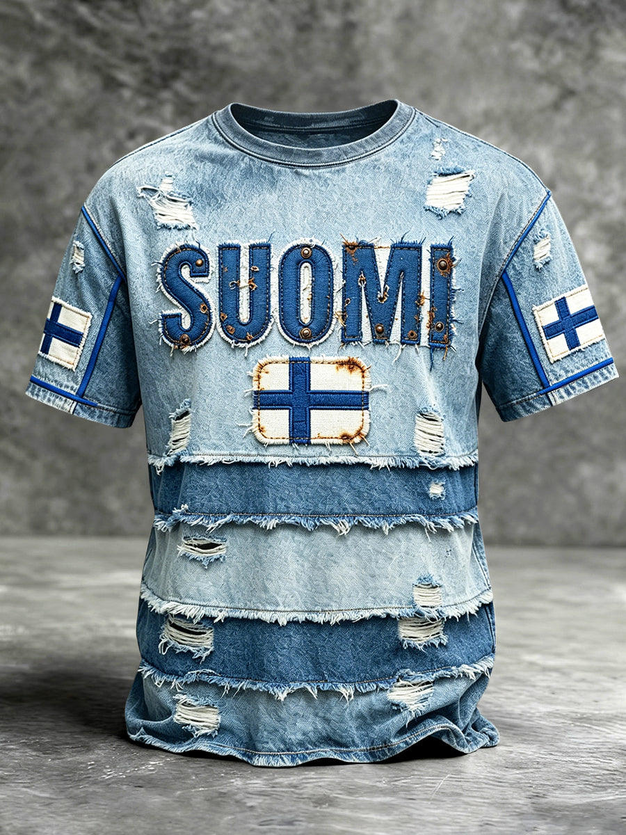 Miesten suomalainen Suomi Denim Patchwork Print Casual T-paito