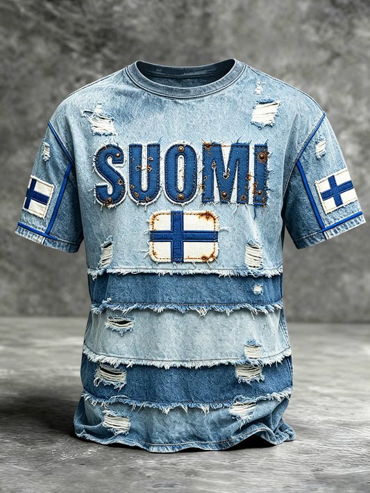 Finsk denimlappeteknikk med trykk, uformelle T-skjorter for menn