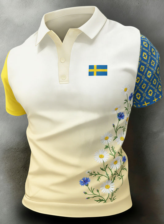 Herrepiké med kunsttrykk til minne om den svenske midtsommerfesten, kortermet