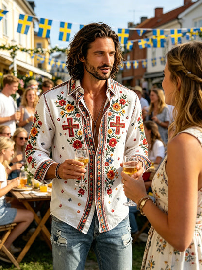 Herrtröja med långa ärmar och konstprint som hyllar den svenska midsommarfesten