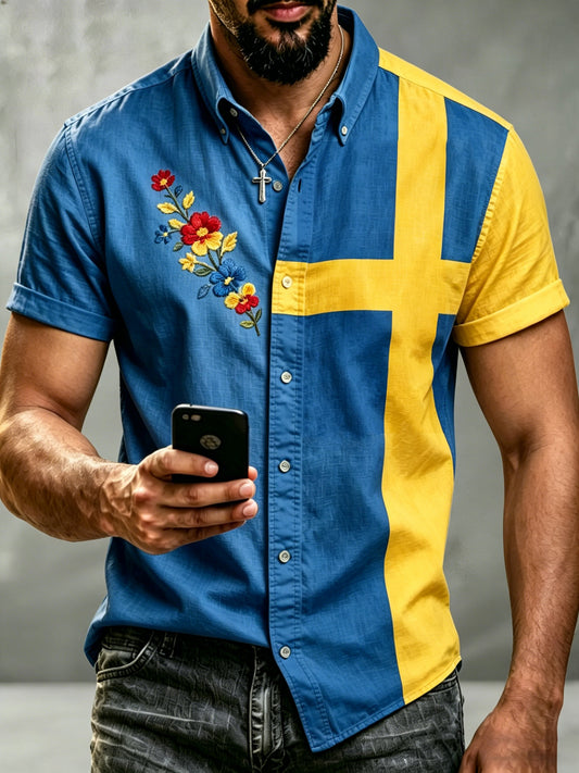 Herregenser med korte ermer og kunsttrykk som hyller den svenske midtsommerfesten