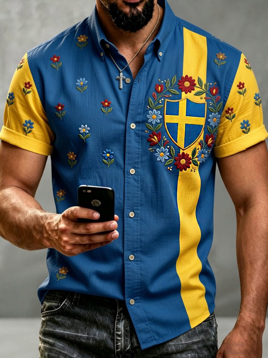Herrskjorta i retrostil med svensk dalahäst och broderad blomsterkonst, avslappnad stil