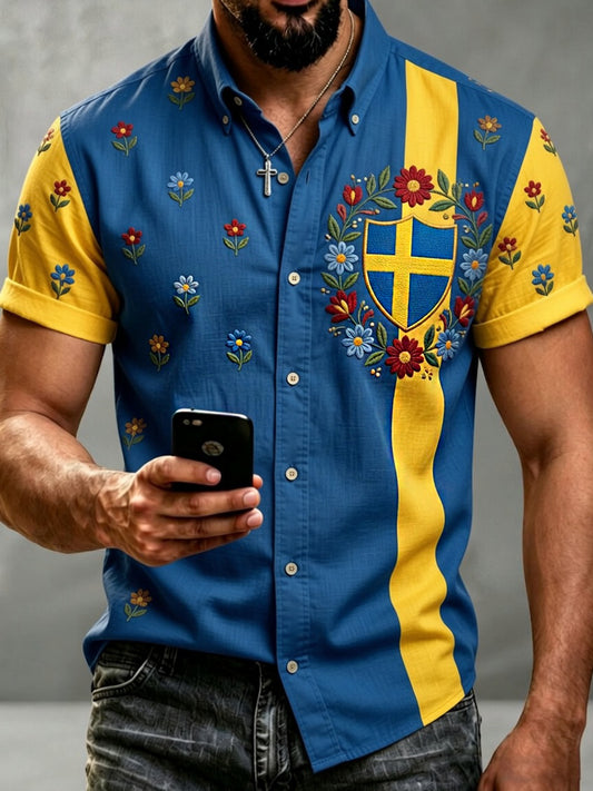 Herreskjorte i retrostil med svensk dalahäst og brodert blomsterkunst, avslappet stil