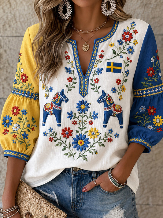 Dame retrostil svensk dalahäst brodert blomsterkunsttrykt avslappet topp