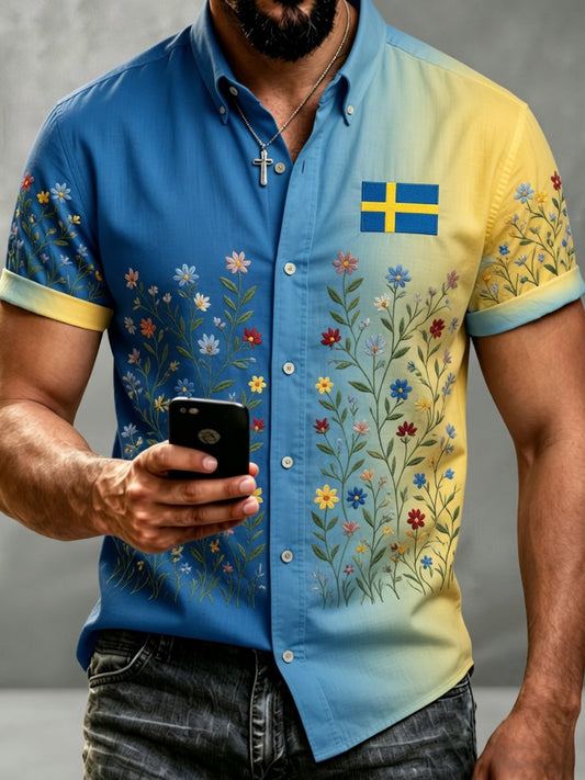 Herreskjorte i retrostil med svensk dalahäst og brodert blomsterkunst, avslappet stil