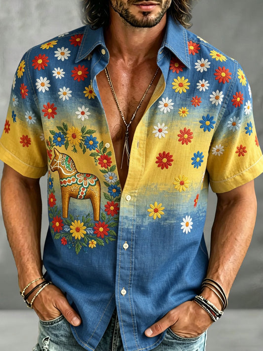 Herreskjorte i retrostil med svensk dalahäst og brodert blomsterkunst, avslappet stil