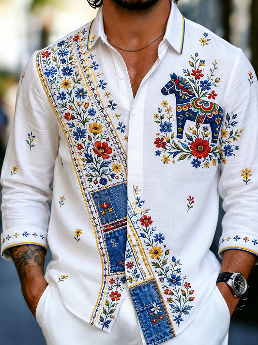Herreskjorte i retrostil med svensk dalahäst og brodert blomsterkunst, avslappet stil