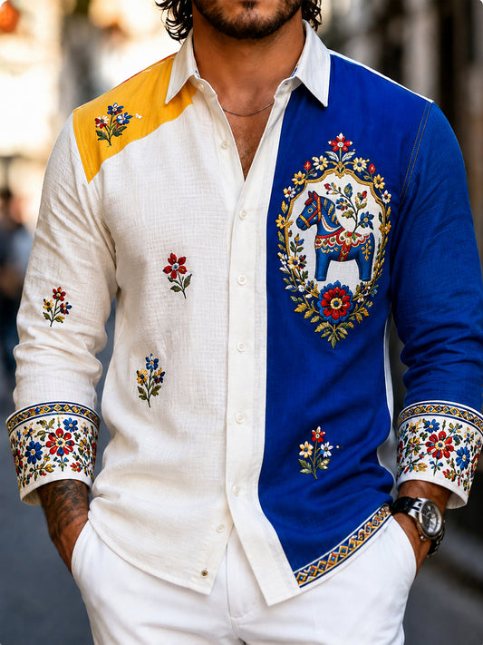 Herreskjorte i retrostil med svensk dalahäst og brodert blomsterkunst, avslappet stil
