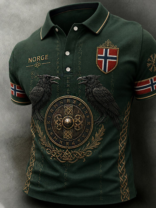 Menns retro nordisk stil norsk kunsttrykk avslappet poloskjorte