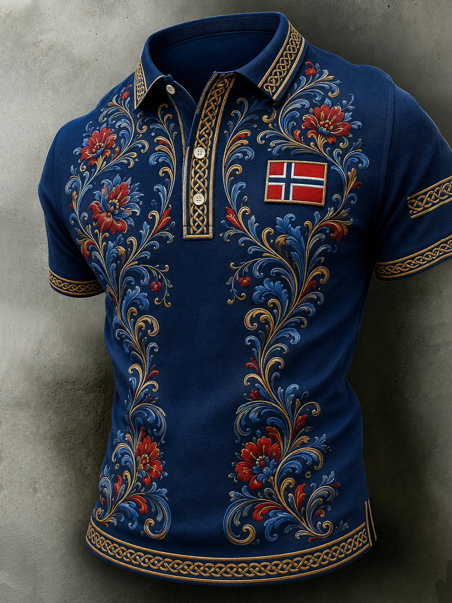 Menns retro nordisk stil norsk kunsttrykk avslappet poloskjorte