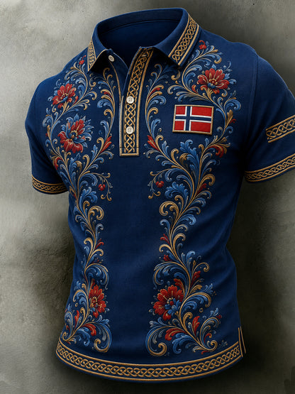 Menns retro nordisk stil norsk kunsttrykk avslappet poloskjorte