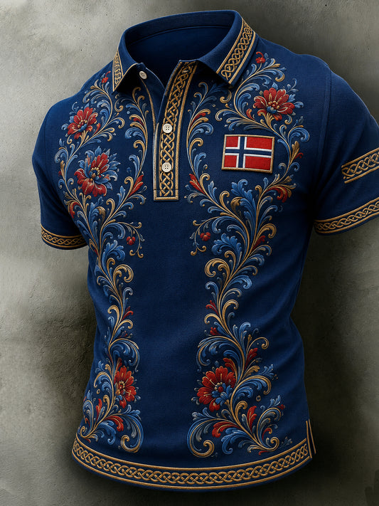 Menns retro nordisk stil norsk kunsttrykk avslappet poloskjorte