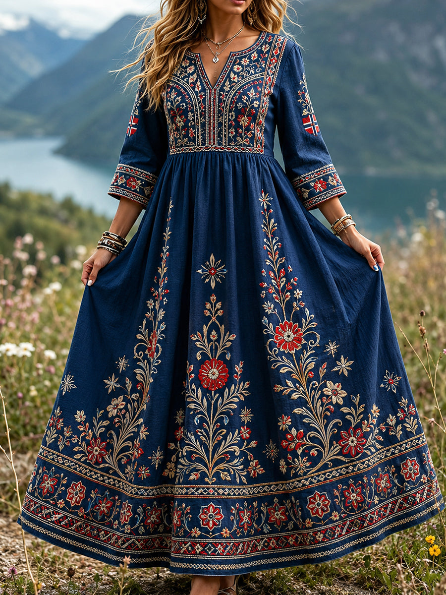 Damekjole i retro skandinavisk stil laget av bomull-lin med norsk kunsttrykk