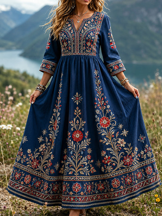 Damekjole i retro skandinavisk stil laget av bomull-lin med norsk kunsttrykk