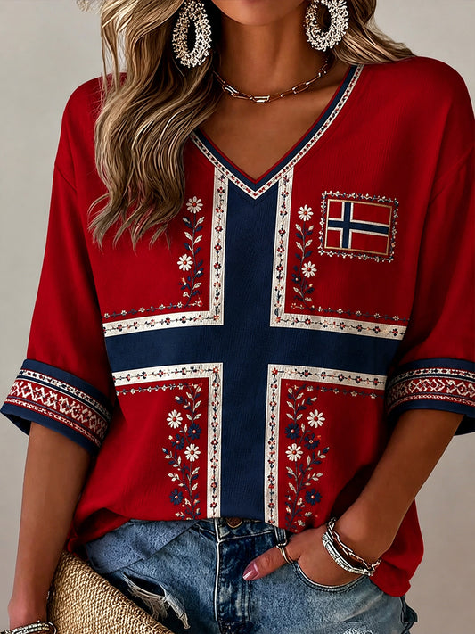 Kvinner Retro Nordisk stil Norsk kunst Trykk Uformell bomull og lin komfortabel topp