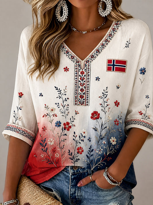 Kvinner Retro Nordisk Stil Norsk Kunsttrykk Uformell Bomull og Lin Komfortabel Topp
