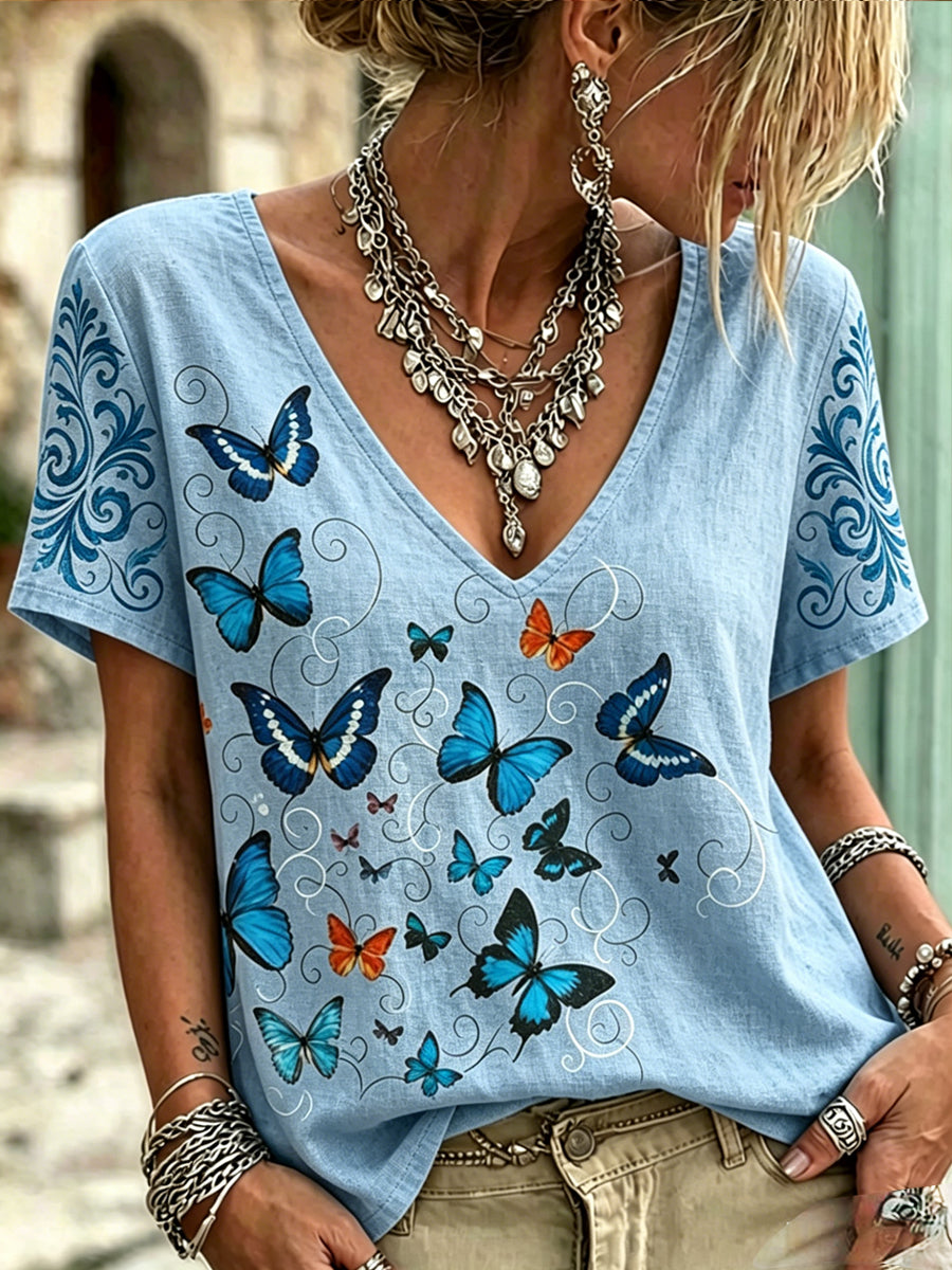 Dammens dragonfluga blommor tryckt vintage mode löst sittande kortärmad t-shirt