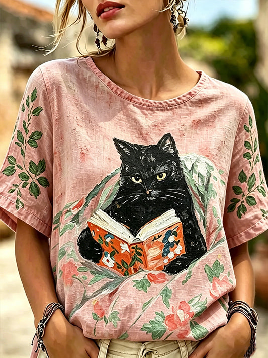 Damebluse i lin med blomster og katter, kortermet