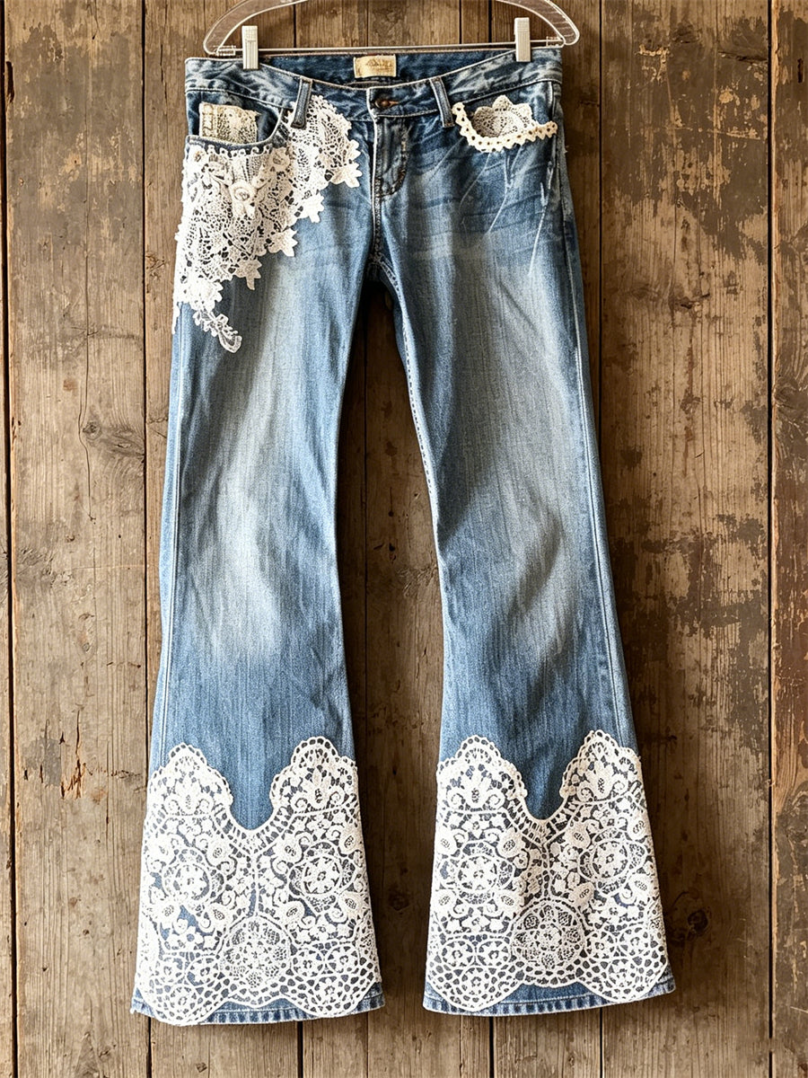 Kvinnors Vintage blomster spets konst Print Bootcut Jeans