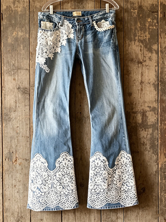 Kvinner Vintage blomster blonder kunst Print Bootcut Jeans