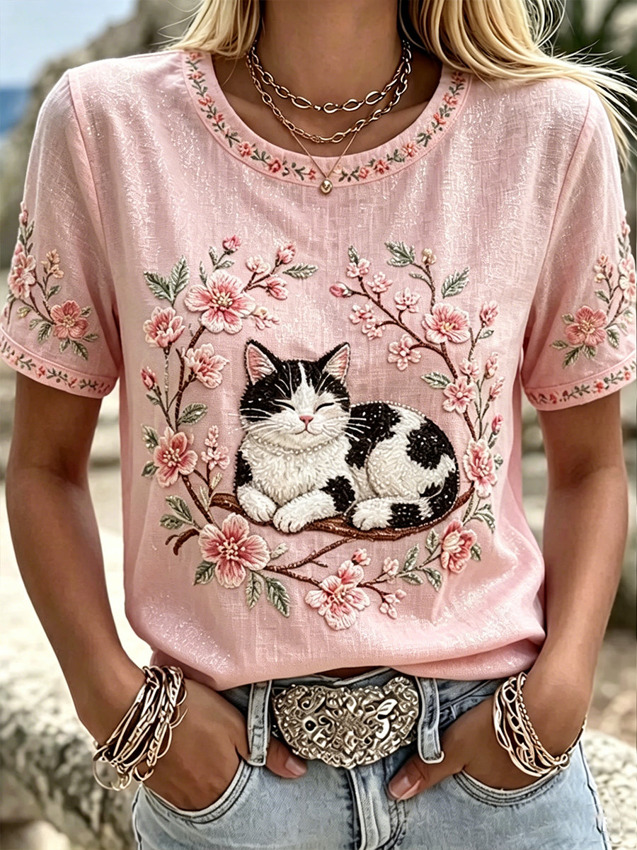 Dammblus i linne med blommor och katter, kortärmad