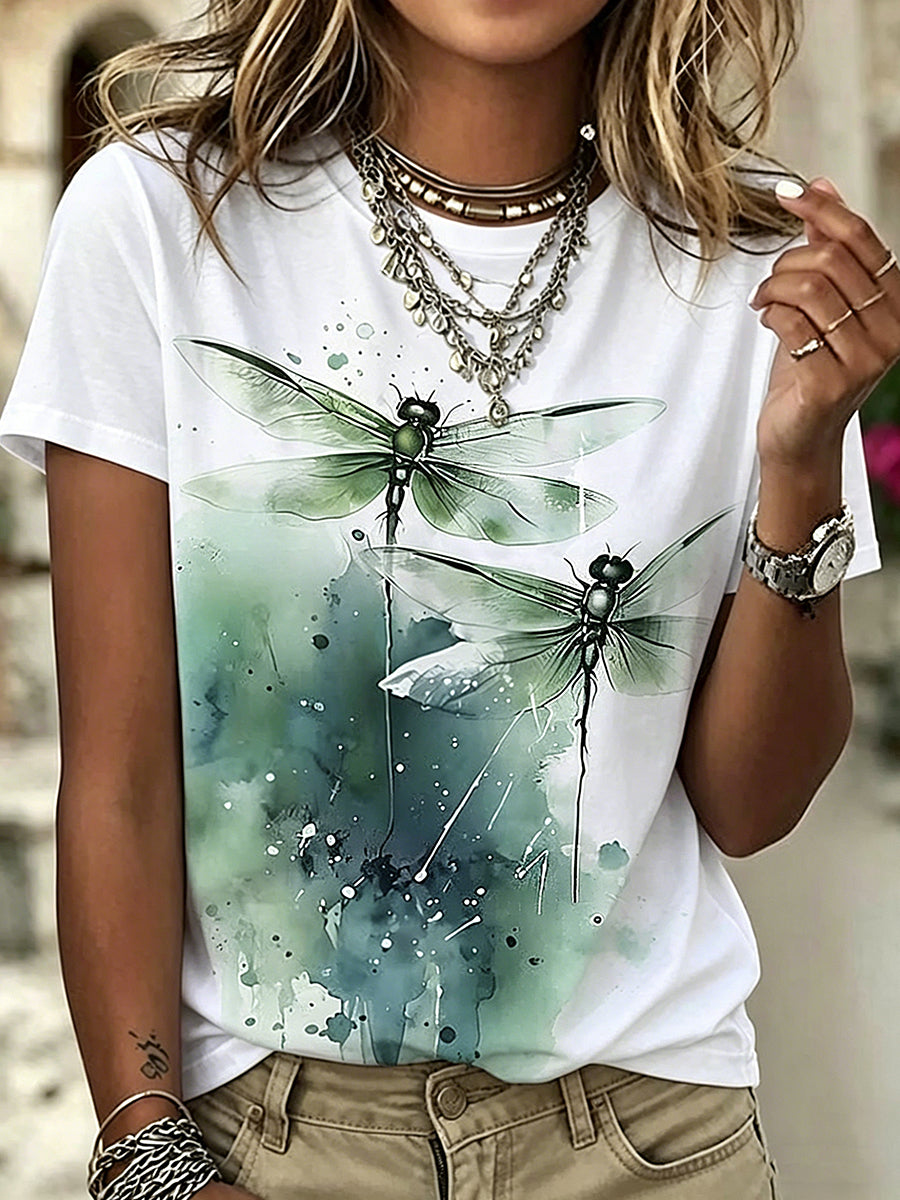 Dammens dragonfluga blommor tryckt vintage mode löst sittande kortärmad t-shirt