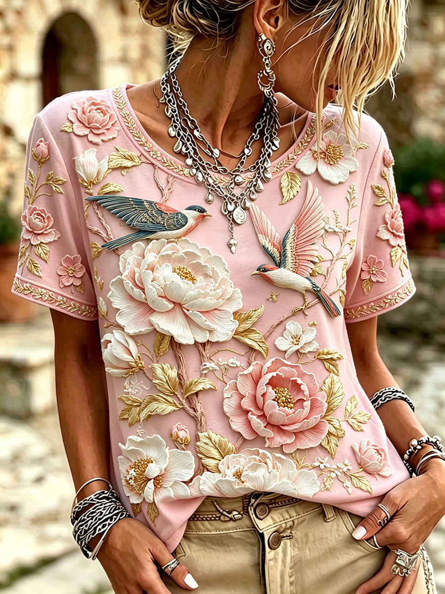 Kvinnors rosa blomstertryck T-shirts