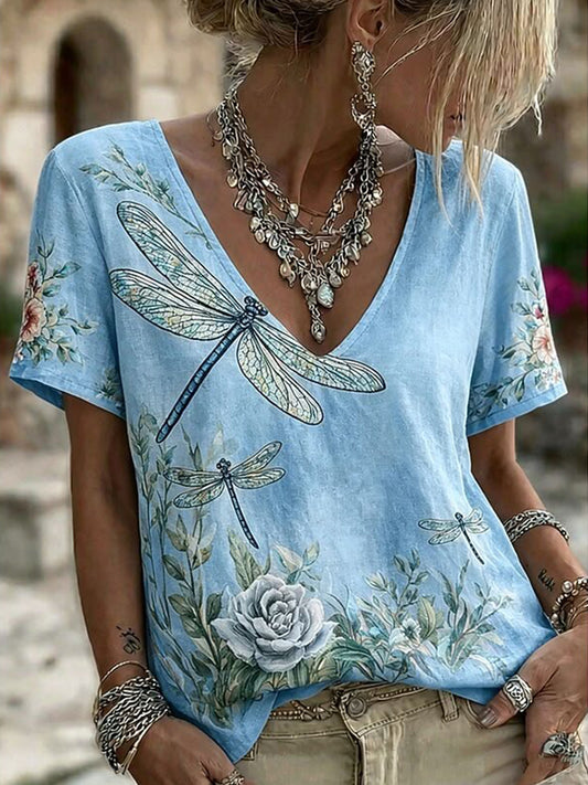 Dammenes libelleblomster trykt vintage moteriktig løstsittende kortermet T-skjorte