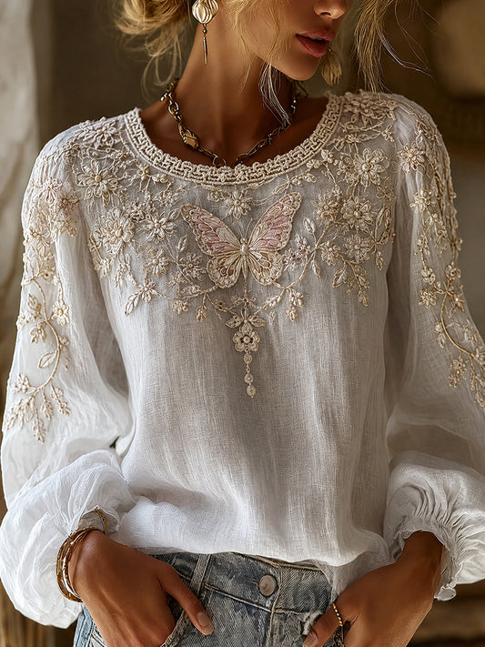 Vintage blomstret topp for damer i bomull-lin