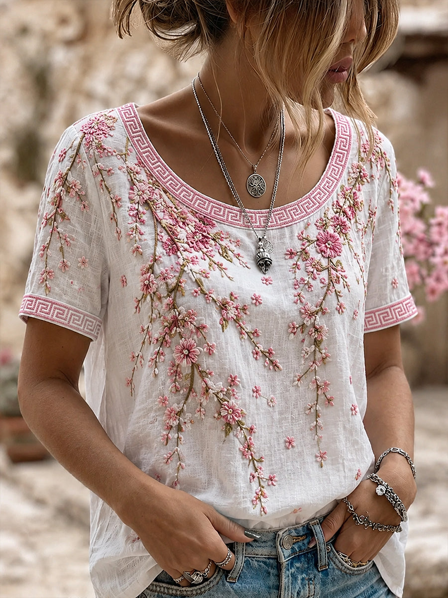 Dams vintage blommig konsttryckt casual topp i bomull-linne