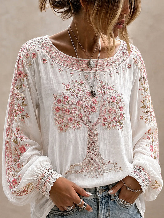 Dame vintage blomstret kunsttrykt uformell topp i bomull-lin