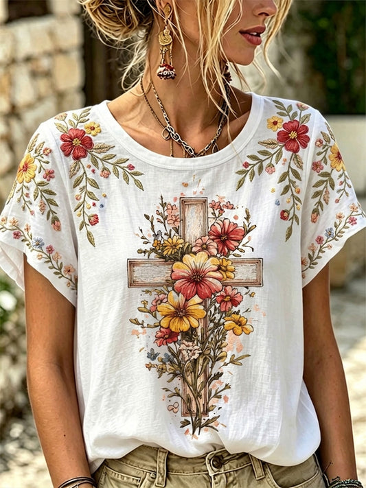 Dame kristent kors-T-skjorte med blomstertrykk