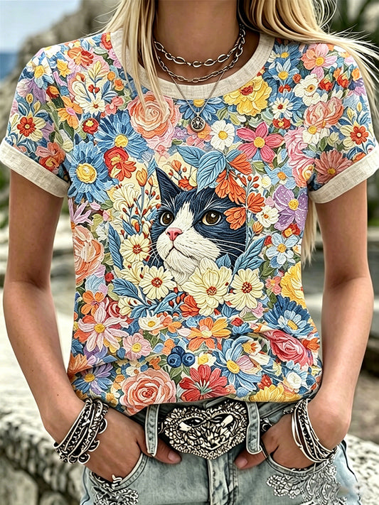Damebluse i lin med blomster og katter, kortermet