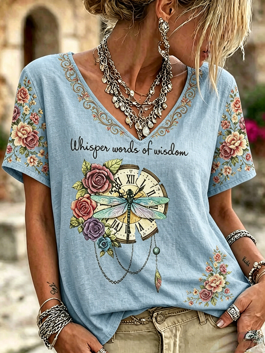 Dammens dragonfluga blommor tryckt vintage mode löst sittande kortärmad t-shirt
