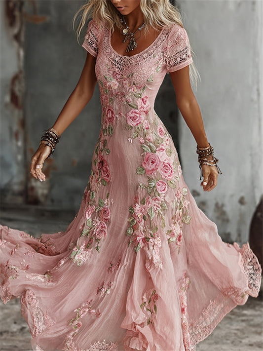 Kvinner Vintage rosa roser Kunsttrykk Flowy Maxikjole