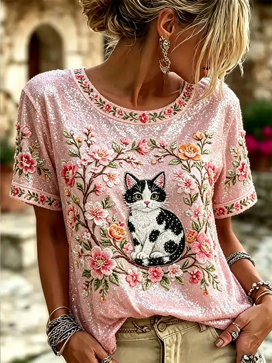 Støvbluse i lin med blomster og katter, kortermet