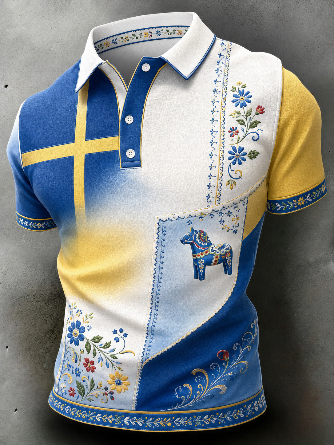 Herrpolotröja med konsttryck till minne av svenska högtider och festivaler, kortärmad