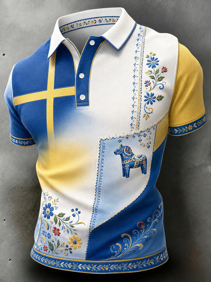 Herrpolotröja med konsttryck till minne av svenska högtider och festivaler, kortärmad