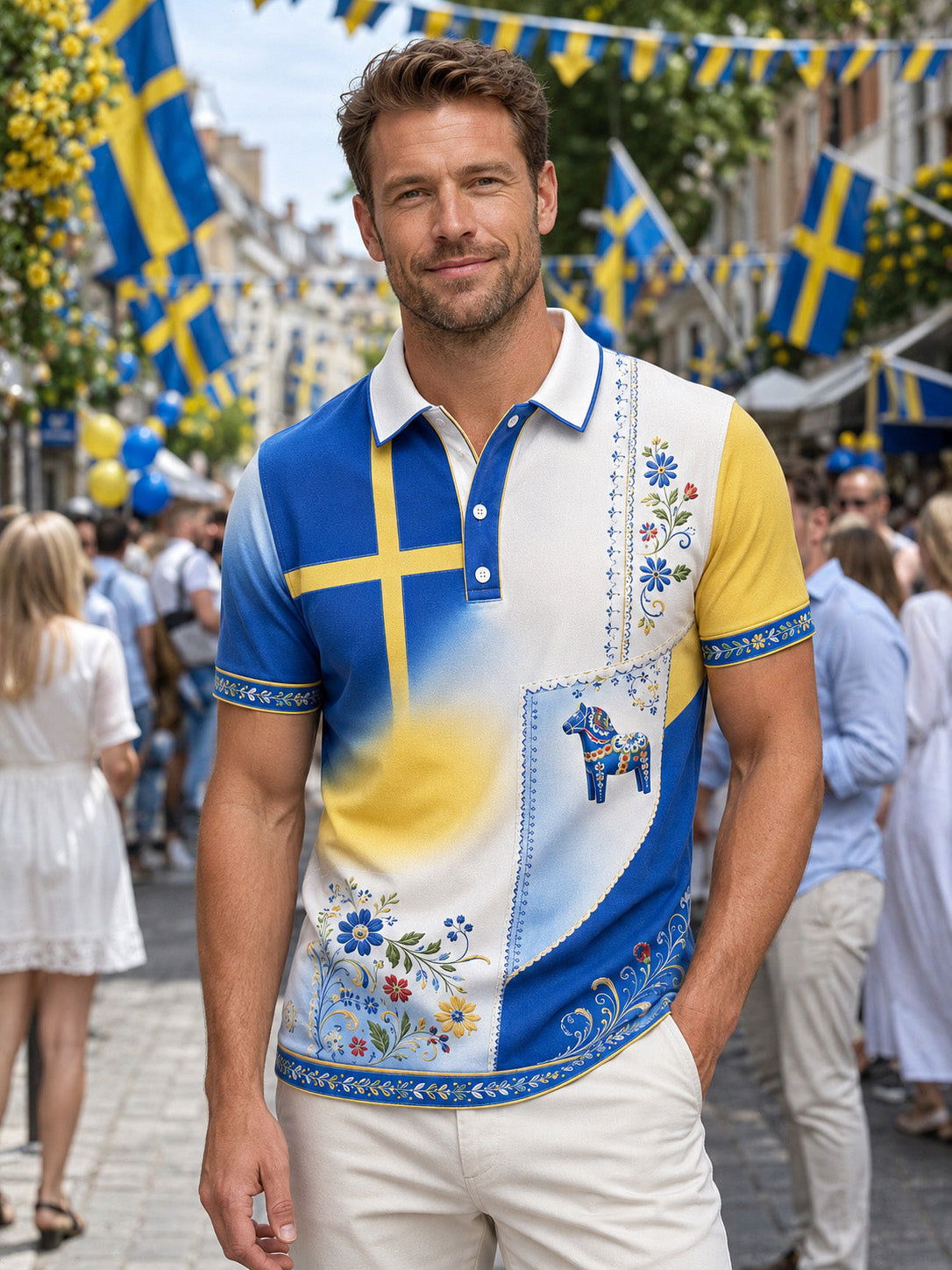 Herrpolotröja med konsttryck till minne av svenska högtider och festivaler, kortärmad