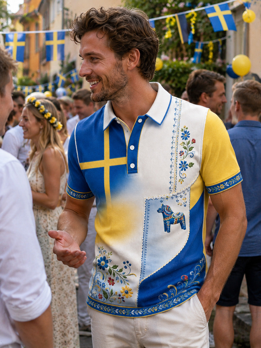 Herrpolotröja med konsttryck till minne av svenska högtider och festivaler, kortärmad