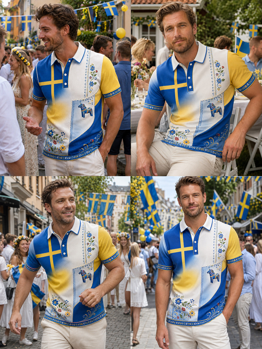 Herrpolotröja med konsttryck till minne av svenska högtider och festivaler, kortärmad
