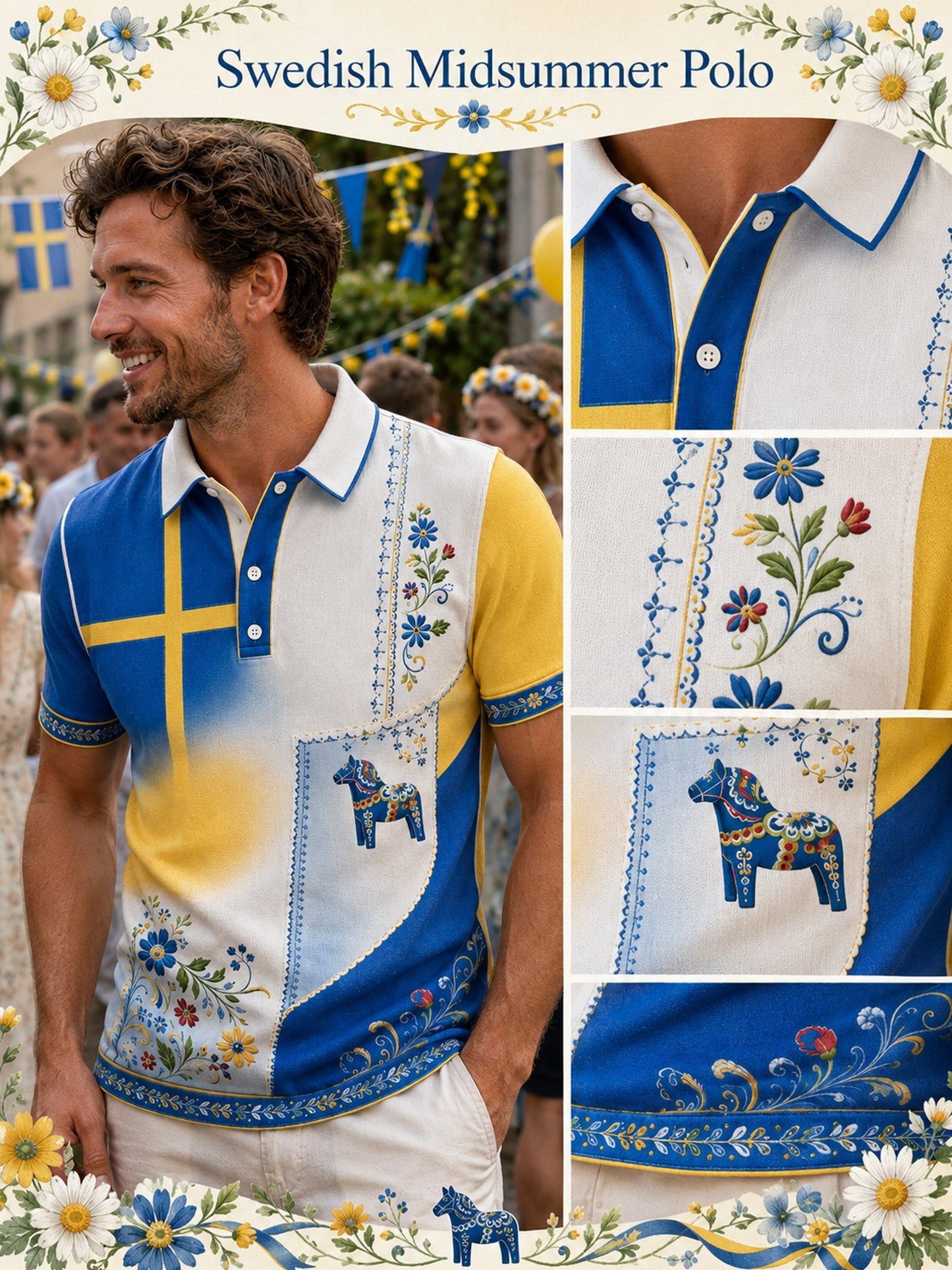 Herrpolotröja med konsttryck till minne av svenska högtider och festivaler, kortärmad