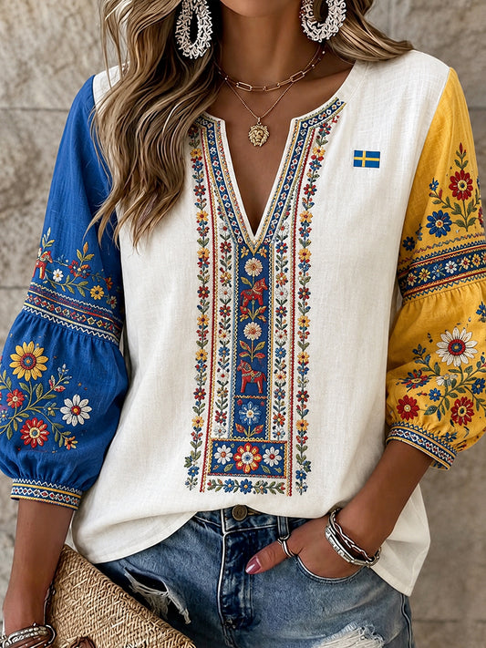 Dame retrostil svensk dalahäst brodert blomsterkunsttrykt avslappet topp