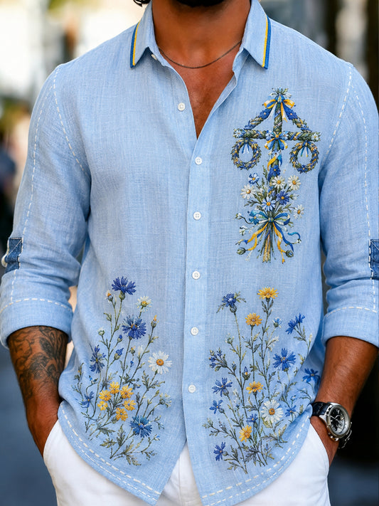 Herreskjorte i retrostil med svensk dalahäst og brodert blomsterkunst, avslappet stil