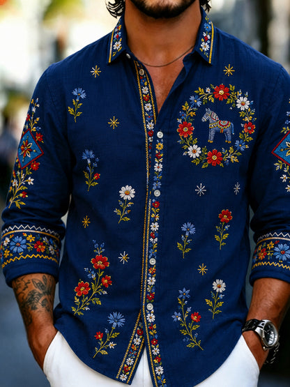 Herrskjorta i retrostil med svensk dalahäst och broderad blomsterkonst, avslappnad stil